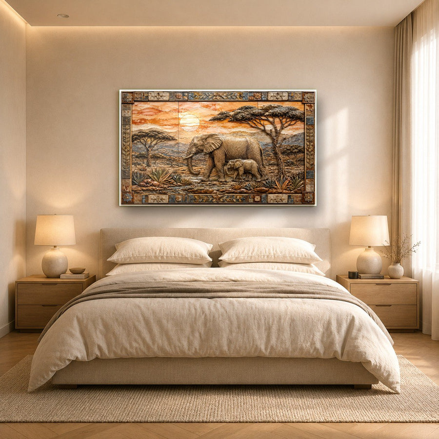 Savanna elephant family glass print showcased in a tranquil luxury spa waiting area