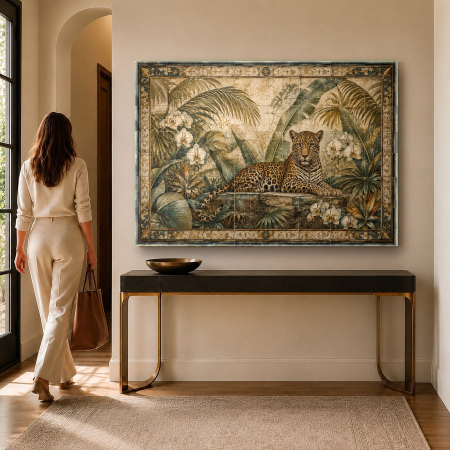 Large animal tempered glass print of a leopard displayed on a neutral bedroom feature wall