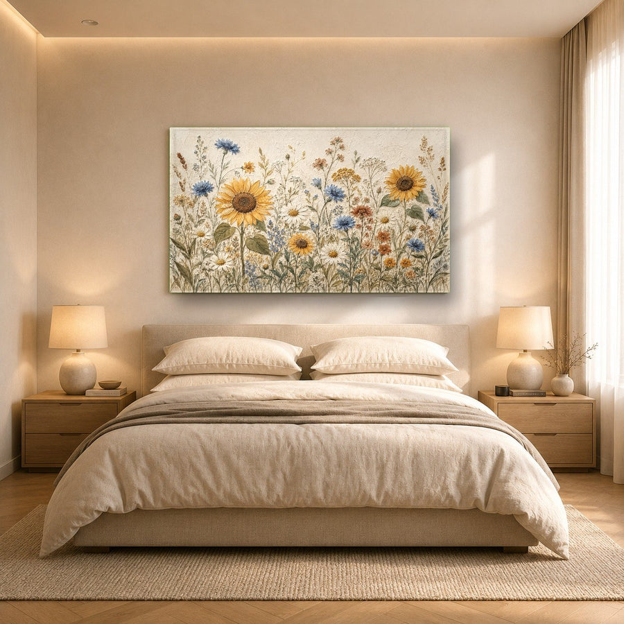 Close-up angle of a glossy sunflower tempered glass wall art showing the vivid golden print details
