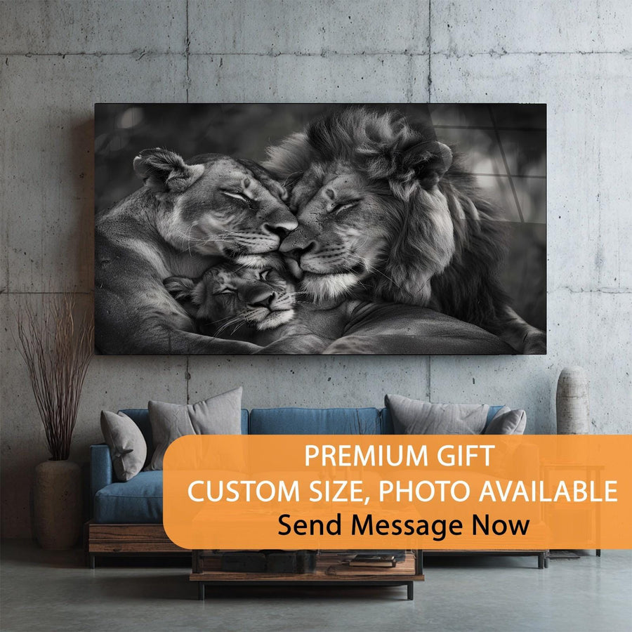 Lion family photo on a wall in a modern living room with promotional text overlay.