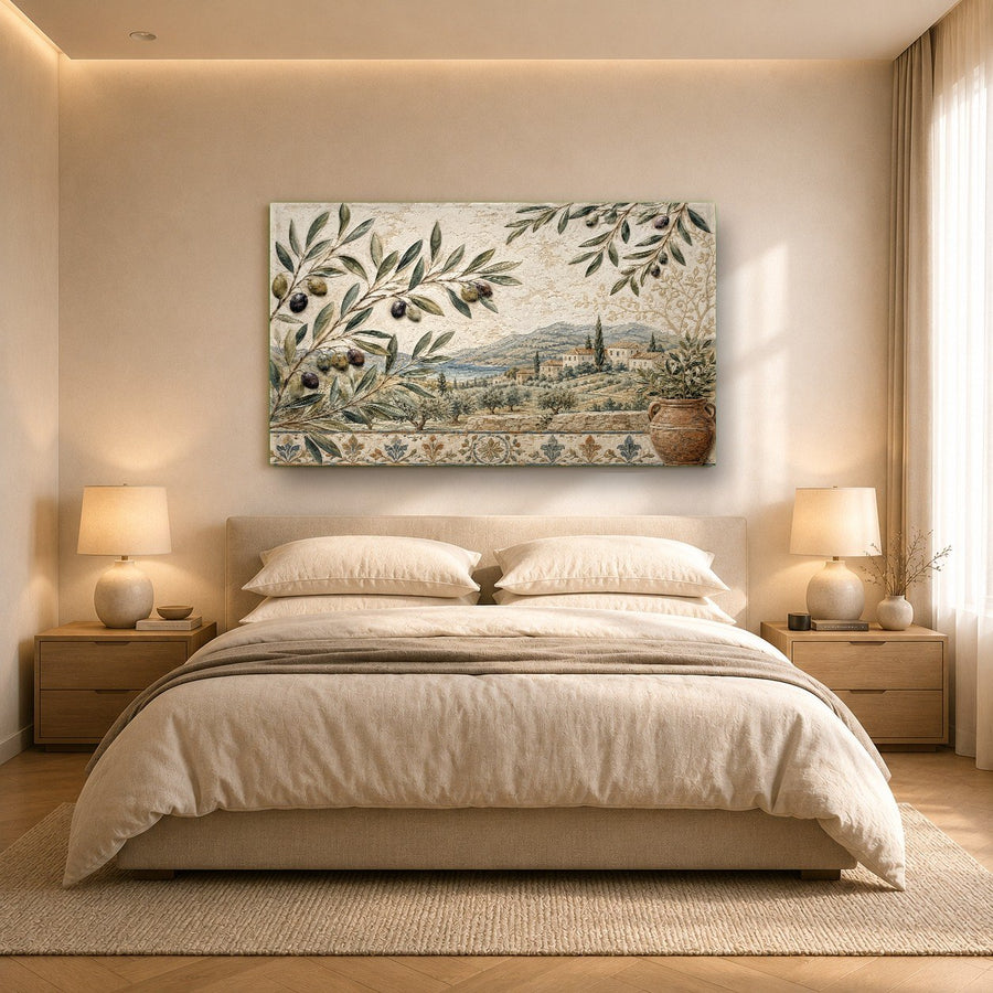 Olive branch glass wall hanging featured in a bright airy sunroom setting