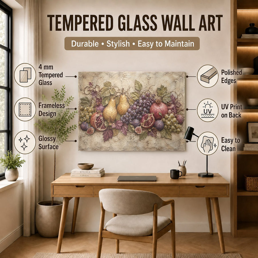 Botanical fruit glass print displayed in a luxury minimalist kitchen