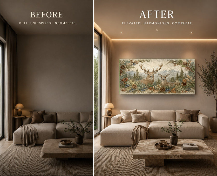 The Deer Family glass art hanging in a cozy bedroom with warm wooden accents and forest-themed decor.