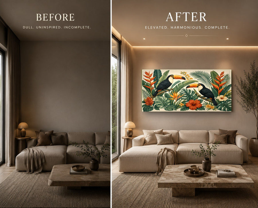 Large tropical wall decor mounted in a luxury hotel lobby