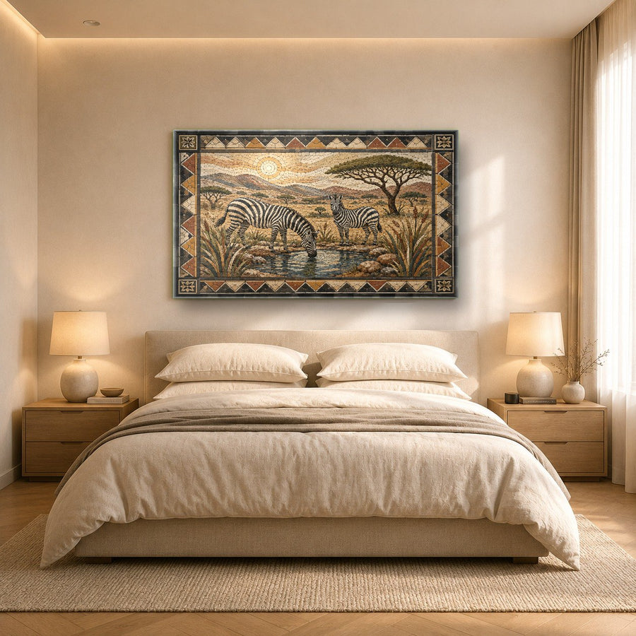 Wide shot of a luxury hotel lobby interior decorated with a striking zebra wildlife glass print