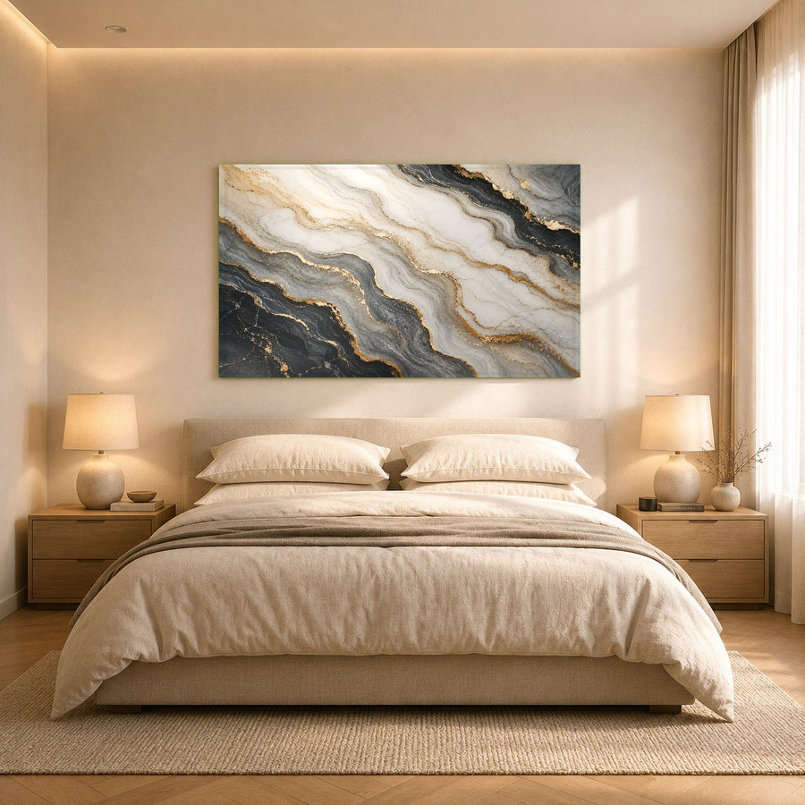 Angle view of the frameless Marble Flow glass art piece showcasing its polished edges and 3D floating effect.