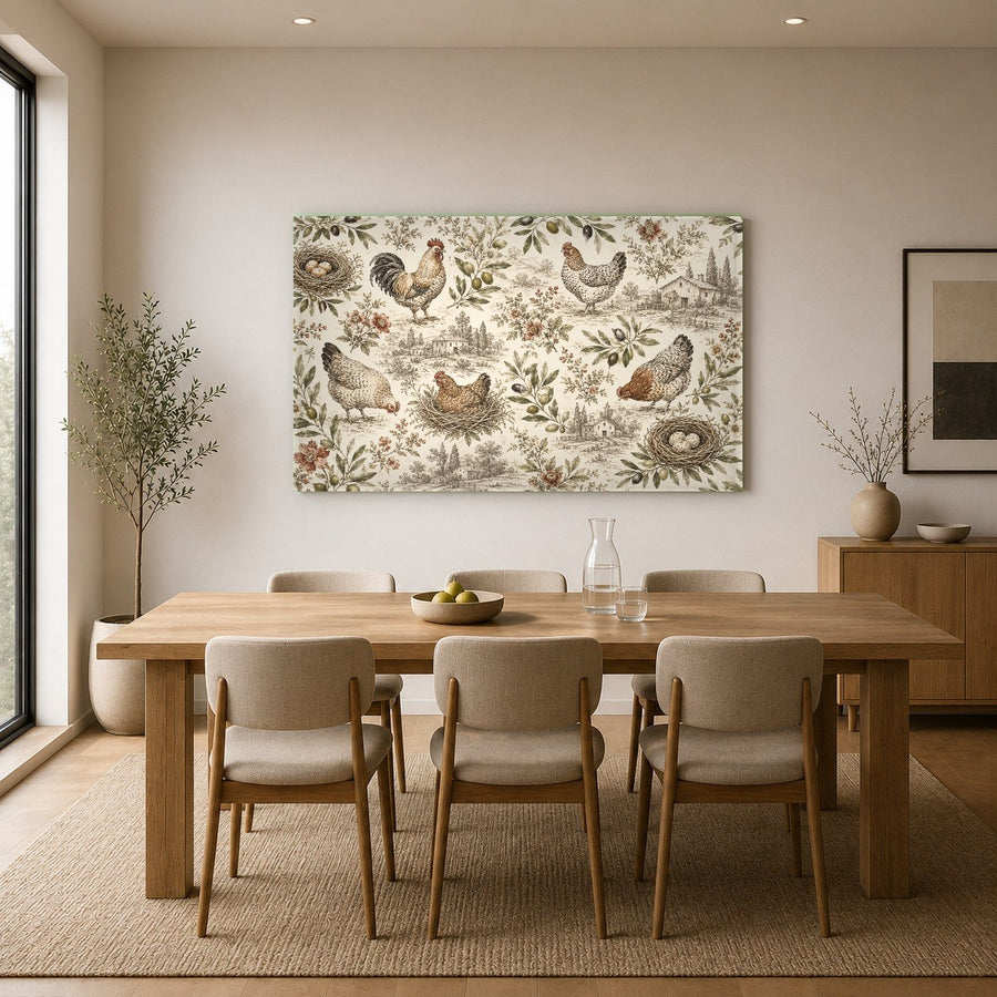 Luxury office reception area decorated with a bold, colorful abstract rooster glass art piece.