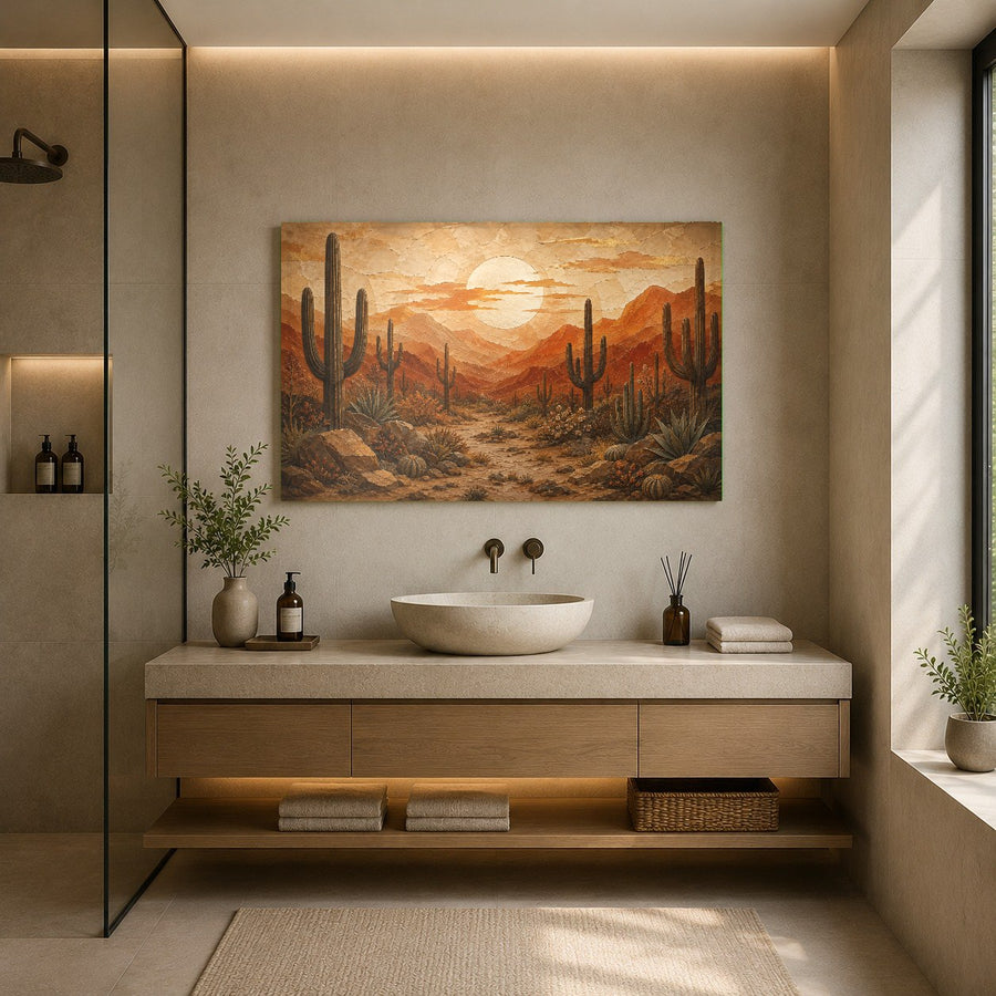 Southwestern desert sunset glass wall hanging styled in a modern home office above a wooden writing desk.
