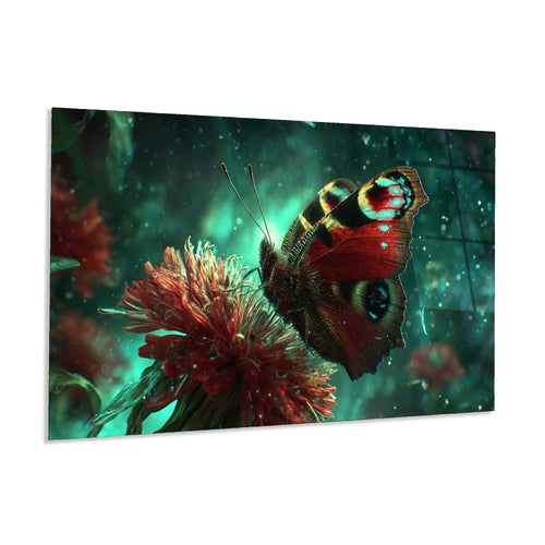 Butterfly on a red flower with a mystical background