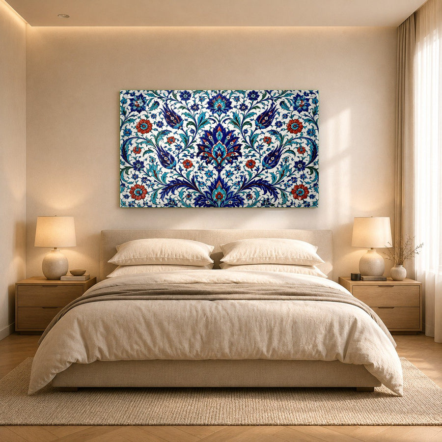 Angled view of a glossy Iznik ceramic glass print hanging in a bright, contemporary entryway.