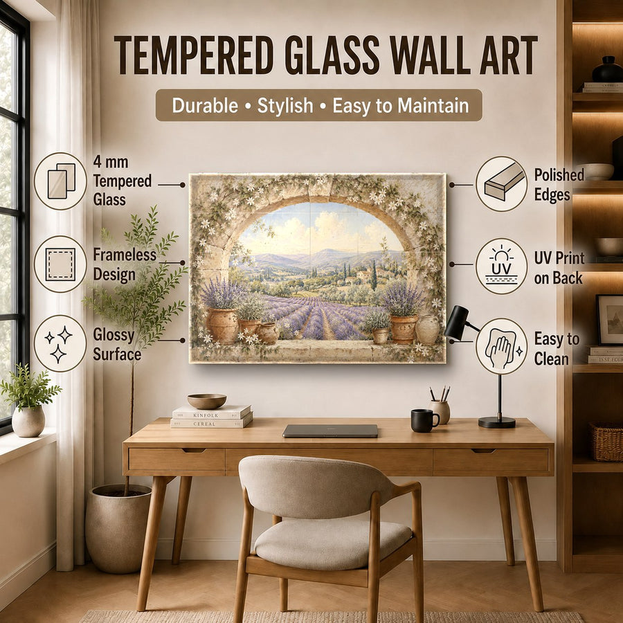 Tuscan themed tempered glass wall hanging in a bright cozy reading nook