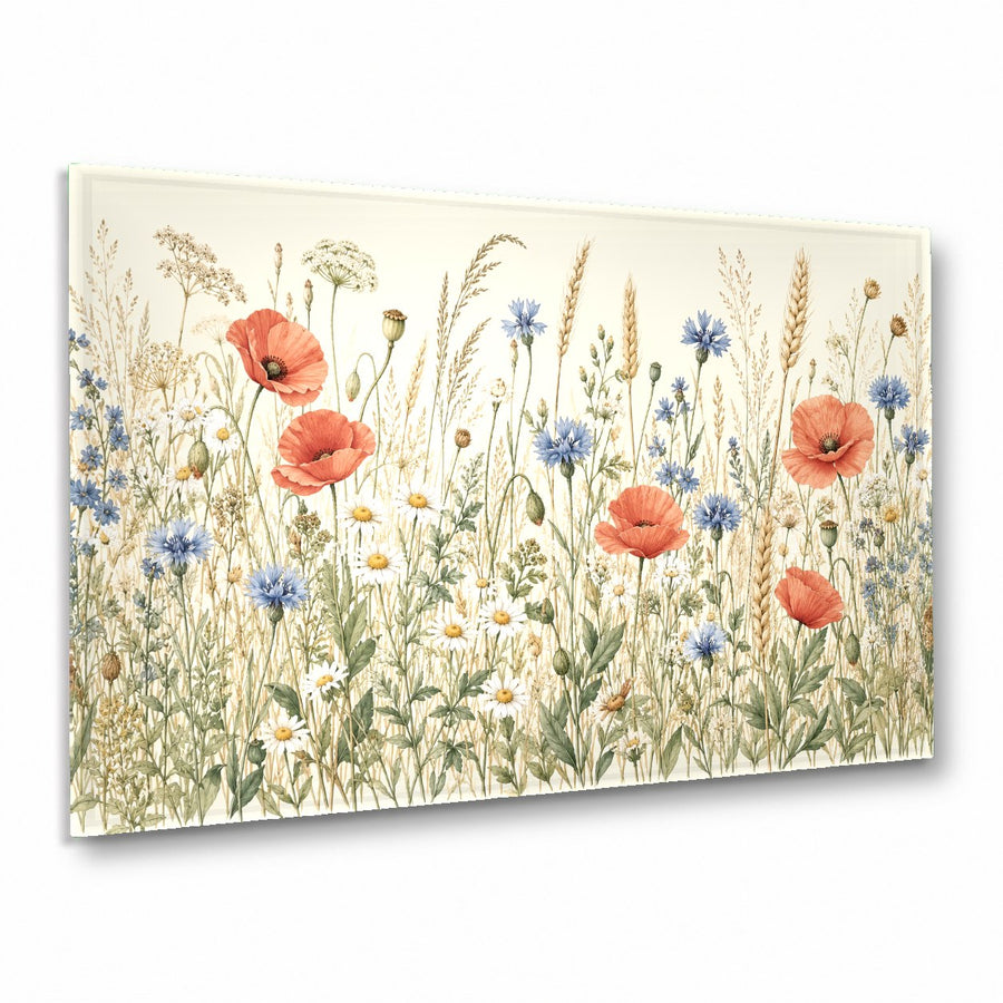 Wild flowers glass wall art hanging above a modern beige living room sofa
