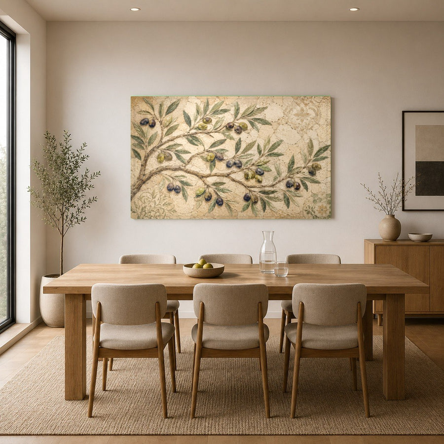 Large rustic glass art of olive orchard displayed in a minimalist hallway