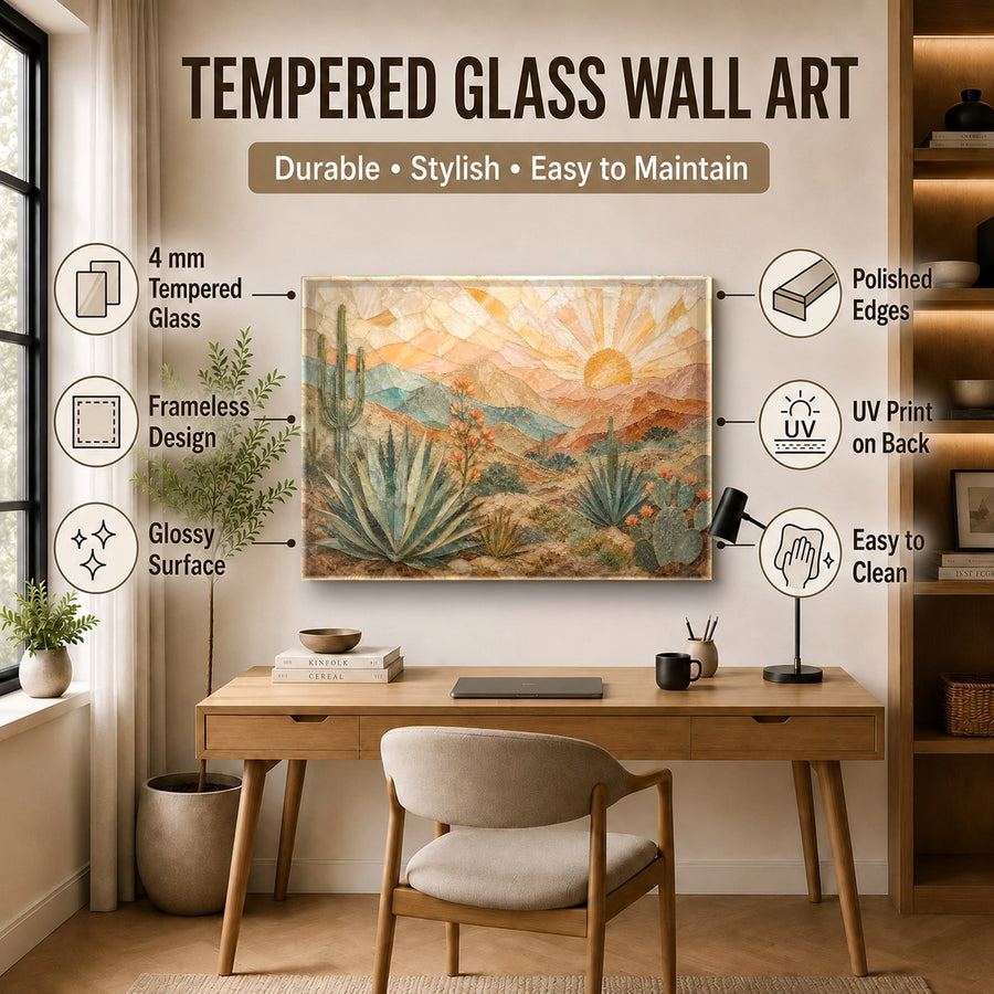 Side profile of the frameless Western Sunrise Glass Wall Art highlighting its 4mm tempered glass gloss finish
