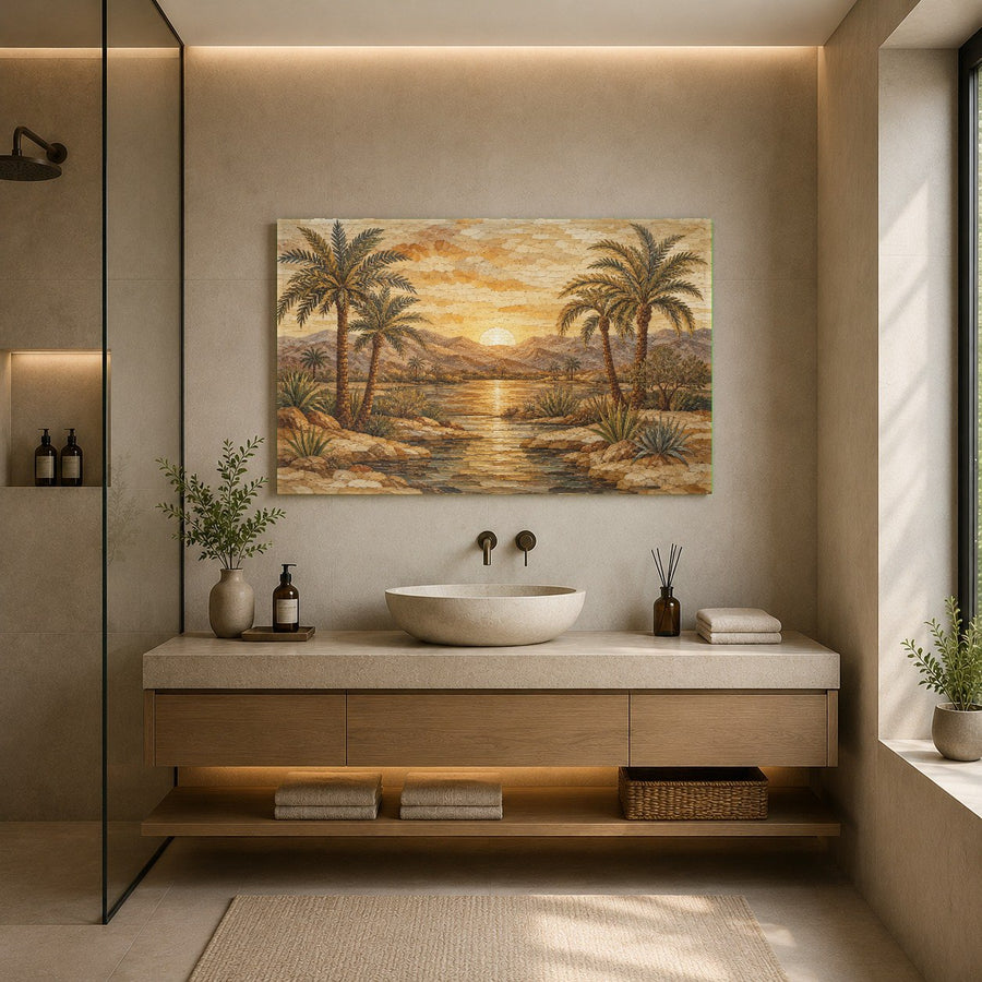 Minimalist living room mockup featuring the vibrant geometric sunrise glass art piece on a textured concrete wall.