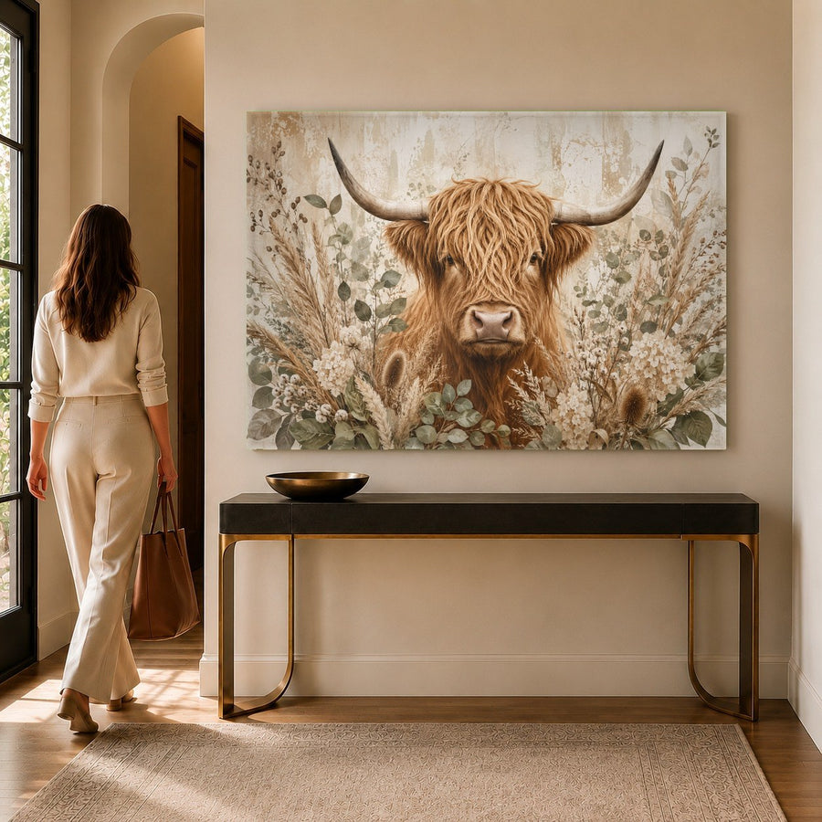 Tempered glass wall art of a shaggy cow displayed over a wooden dining table in a cozy country kitchen.