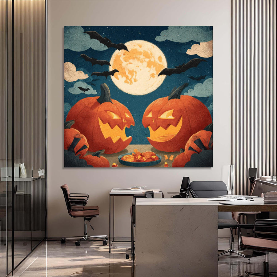 Halloween-themed painting of jack-o'-lanterns in an office setting