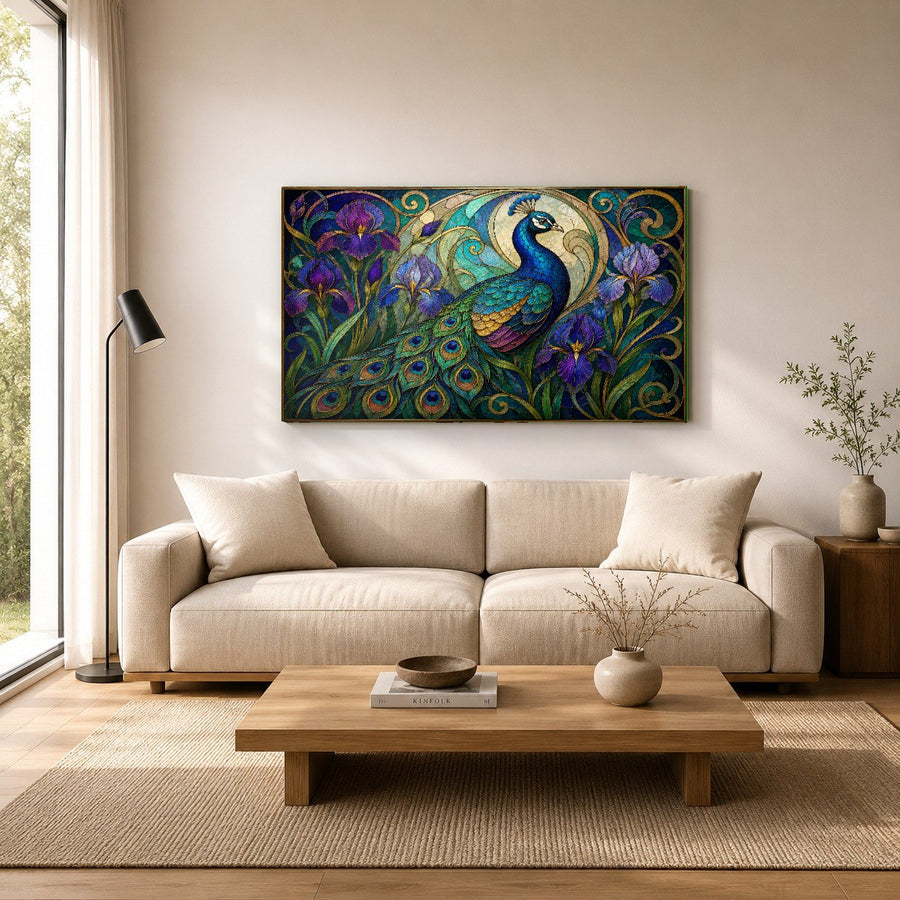 Framed tempered glass peacock art mounted on a dark accent wall in a stylish modern dining room