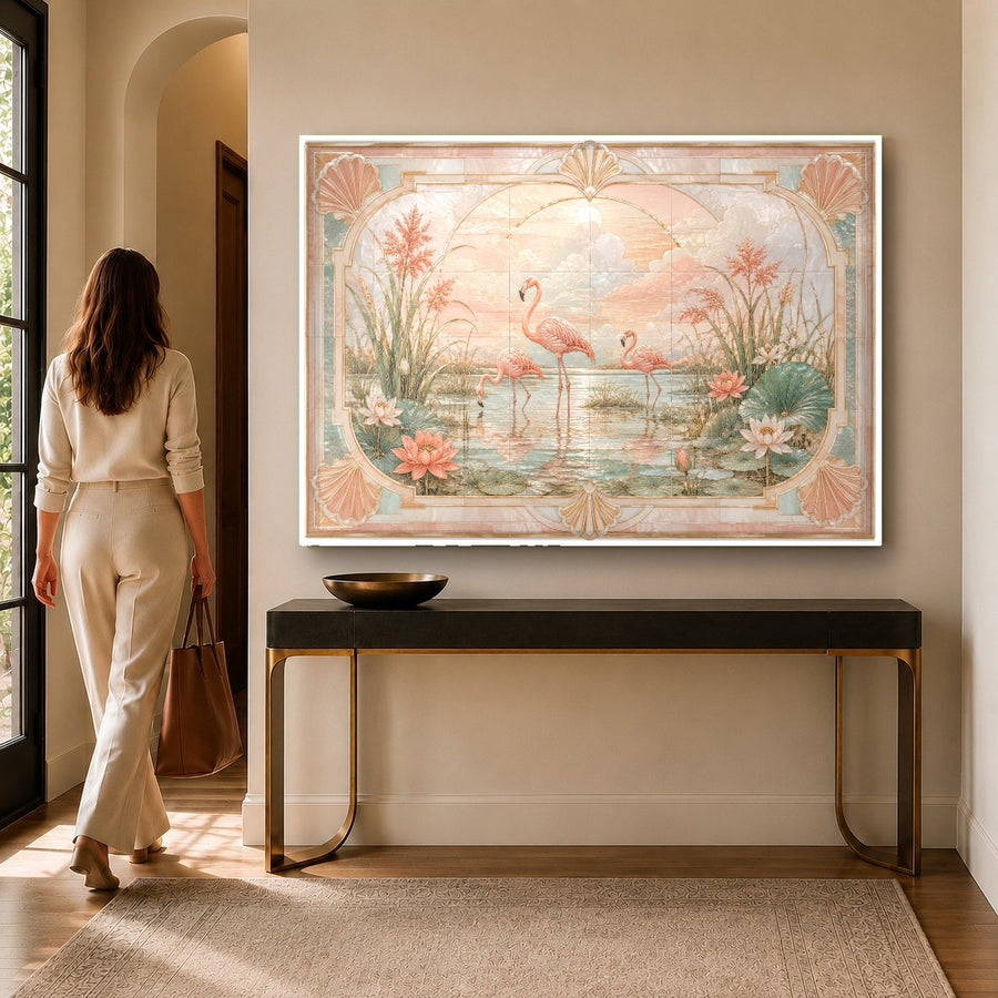Tropical flamingo glass wall print mounted in a chic master bedroom with neutral decor