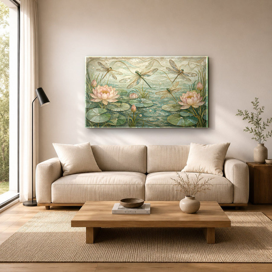 Cozy reading nook with a comfortable armchair and a small golden dragonfly glass print hung at eye level.