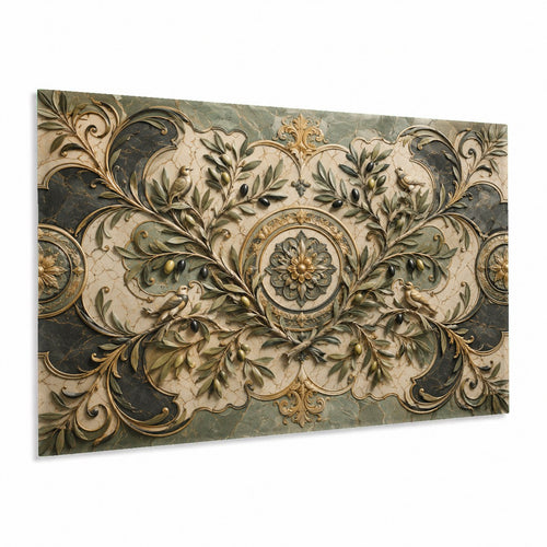 Olive Majesty glass wall art hanging in a bright, modern dining room above a wooden dining table.
