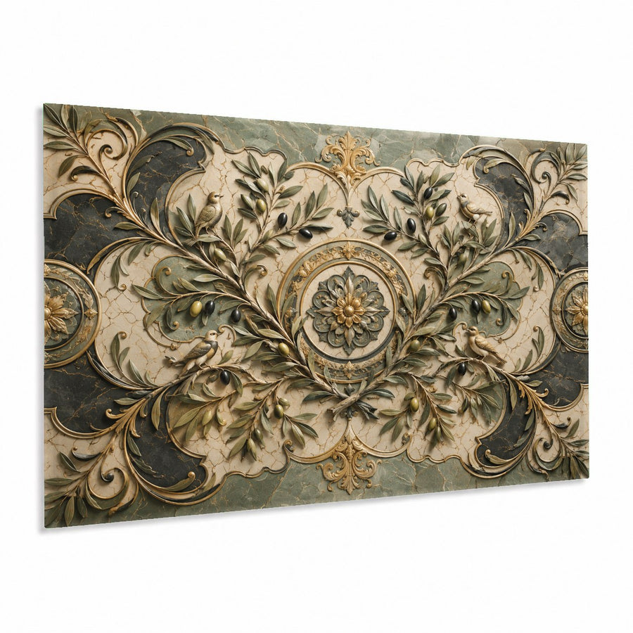 Olive Majesty glass wall art hanging in a bright, modern dining room above a wooden dining table.