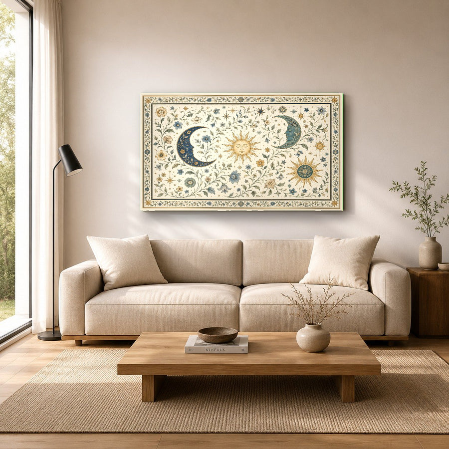 Cosmic moon art on high-gloss glass mounted on an accent wall in a home office