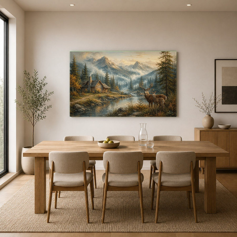 Side angle view of mountain lake tempered glass art reflecting soft sunlight in a bright, open living space.