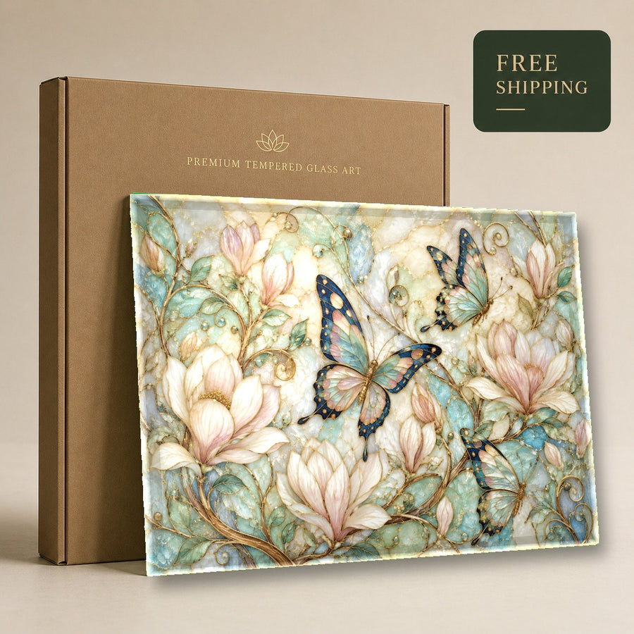 Close-up of the high-gloss butterfly print on glass, illustrating the rich colors and crisp, fade-resistant details.