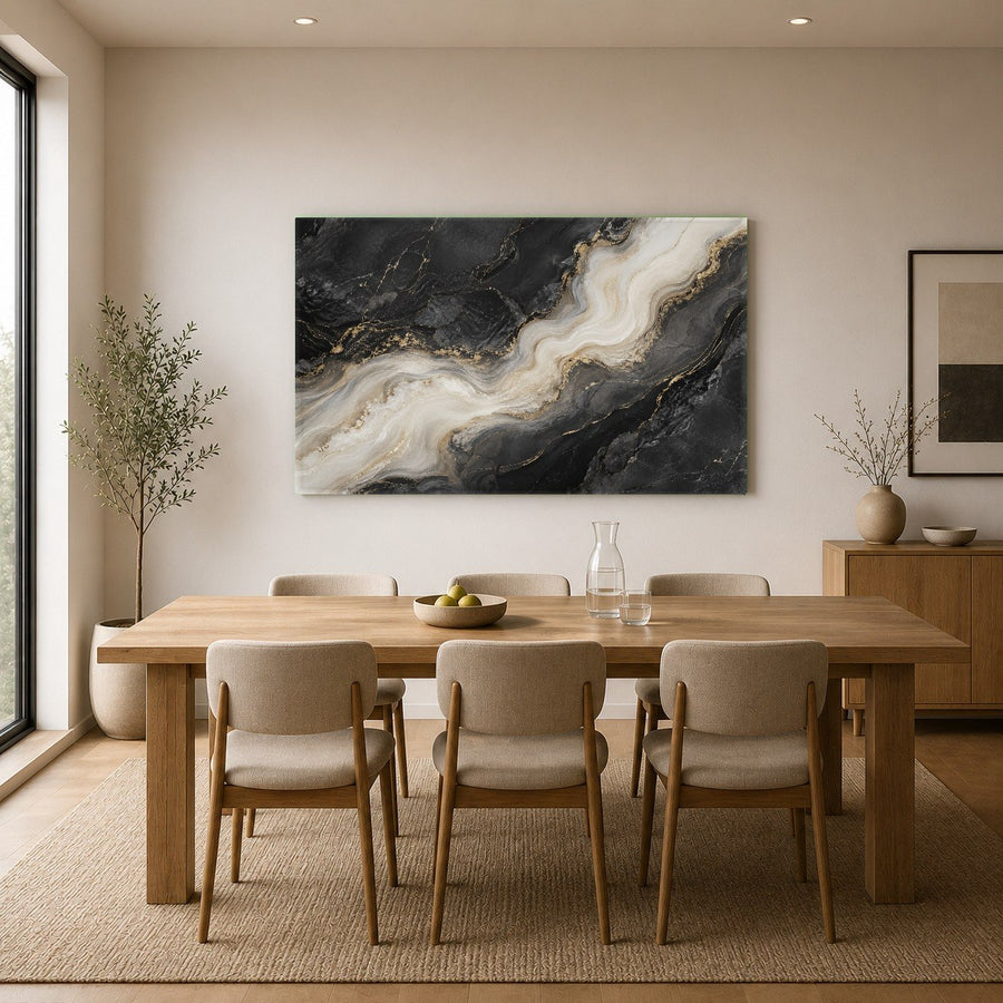 Side angle of the frameless Marble Smoke tempered glass panel mounted in a bright hallway.