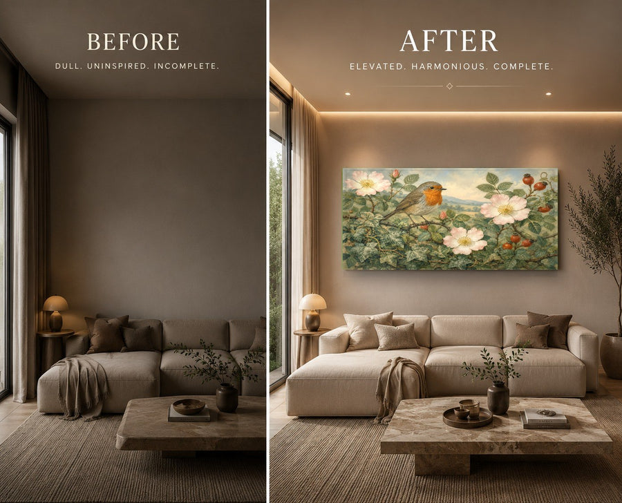 Elegant bird and floral glass art displayed in a sophisticated home office setup