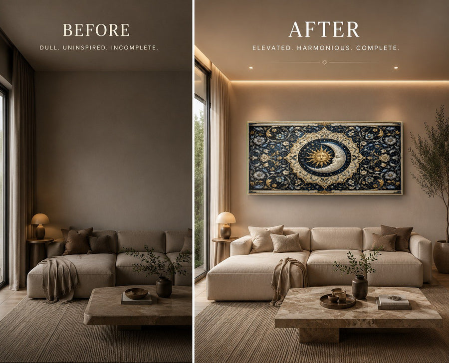 Close-up of the Sun and Moon Dance glass print showcasing the glossy finish and rich gold details in an office.
