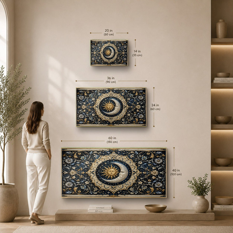 Spiritual moon and sun dance glass print on a textured concrete wall in a modern yoga and meditation studio.