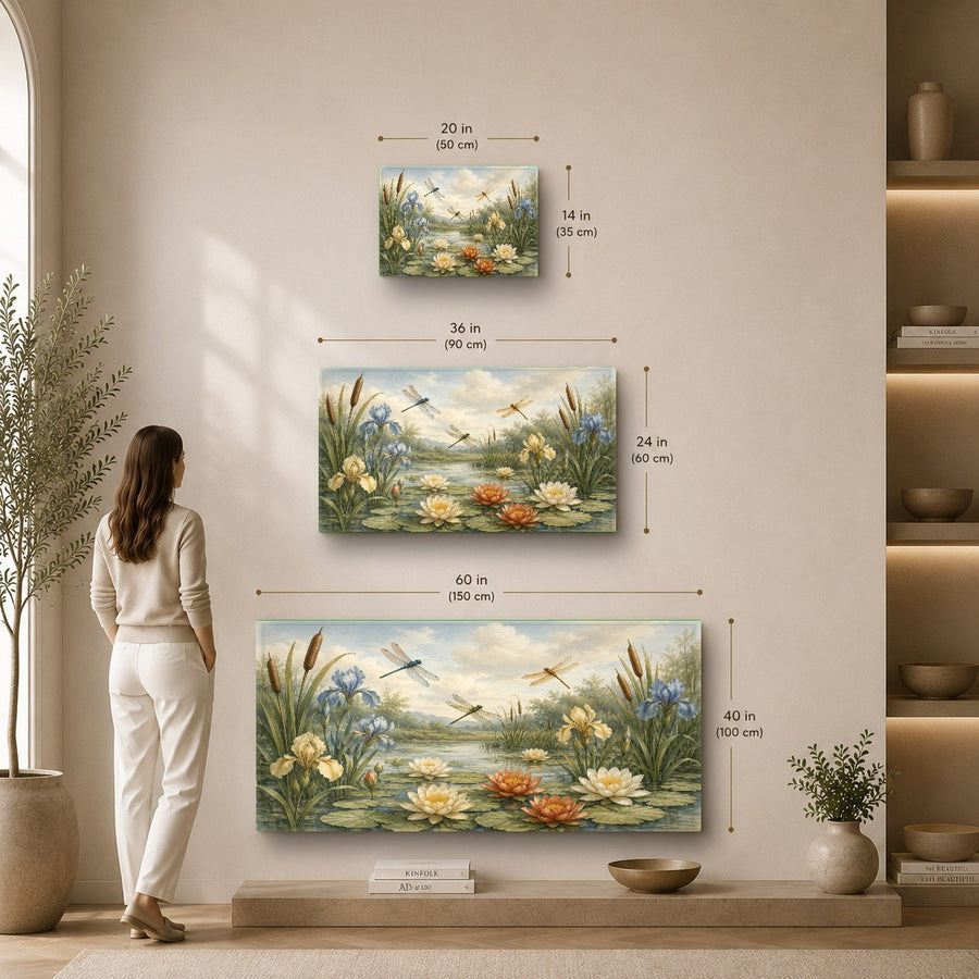 Wild dragonflies glass wall art hanging in a bright hallway with indoor plants