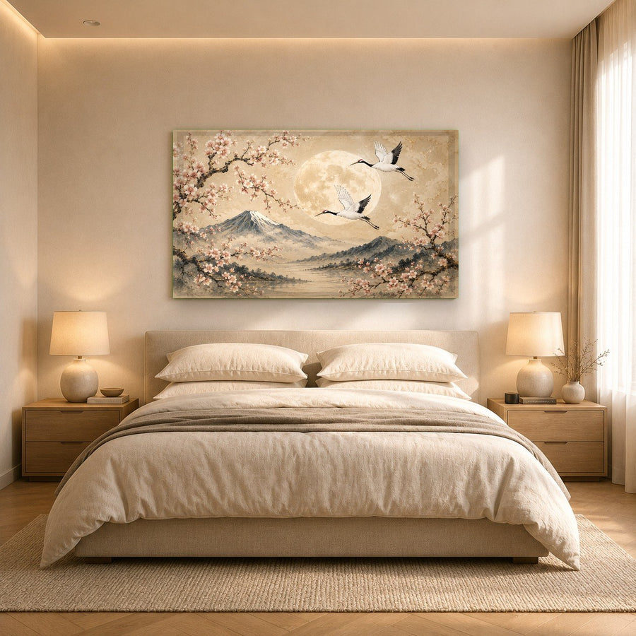 Luxury hotel suite decorated with a large-scale Moon Cranes tempered glass print on a textured wall.