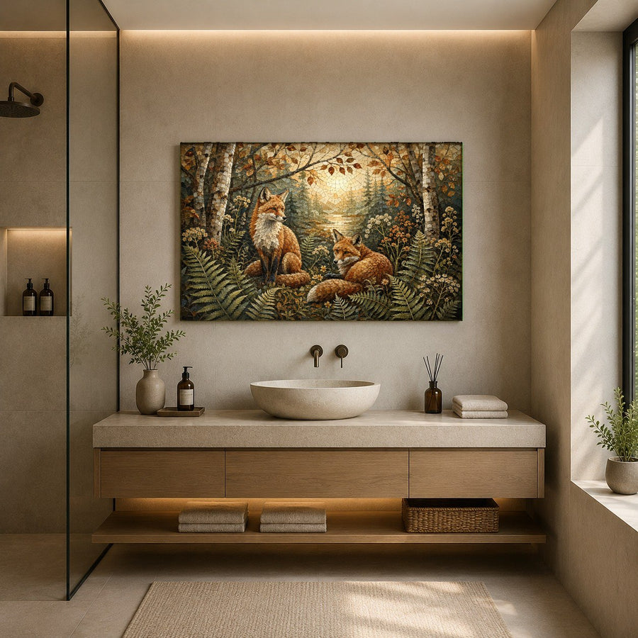 Angled view of a woodland fox glass art piece reflecting natural sunlight in a luxury home hallway.