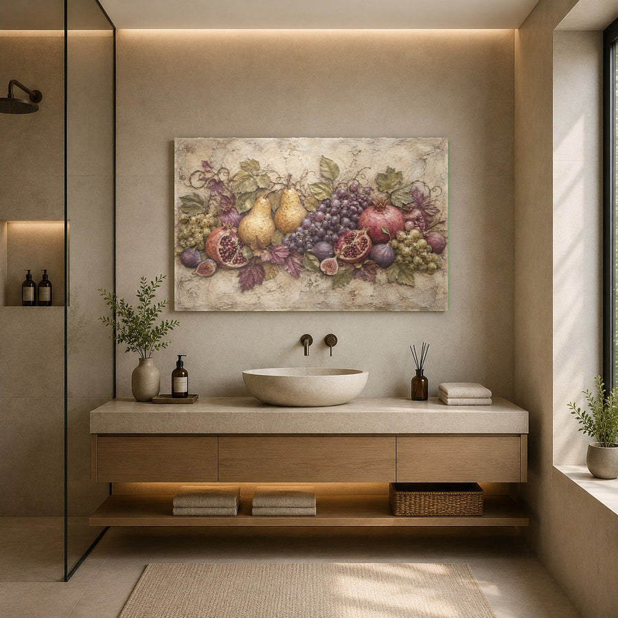 Citrus fruit glass wall print displayed in a cozy and vibrant home kitchen