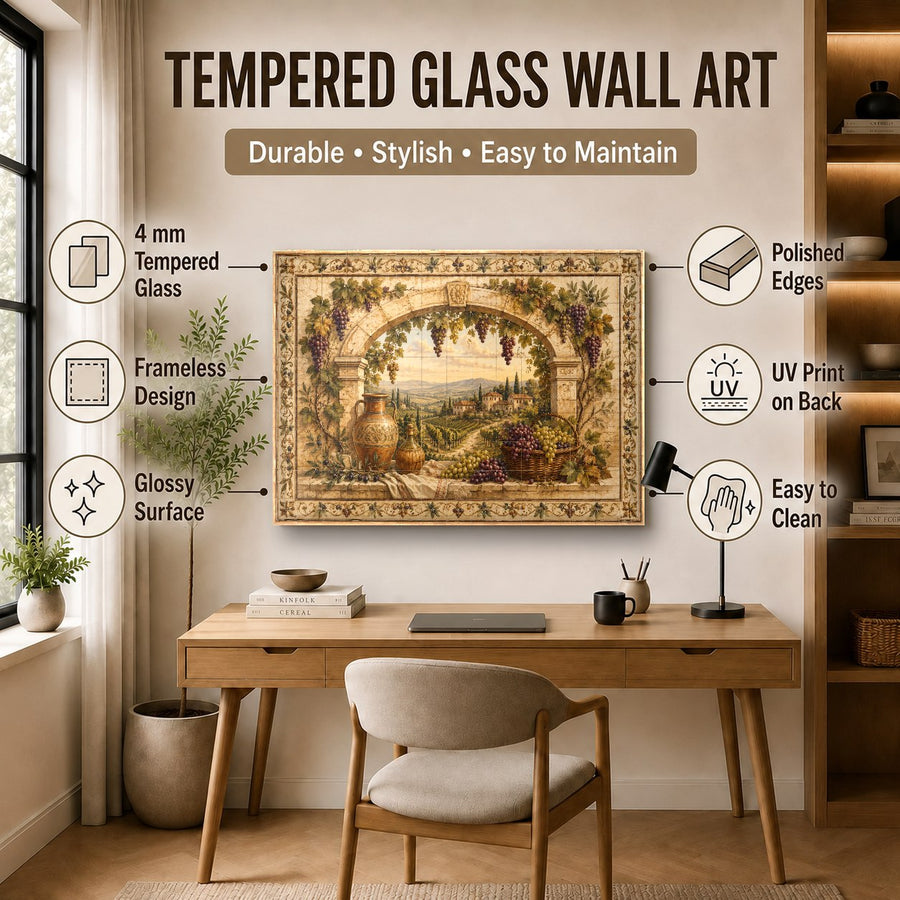Tuscan scenery glass wall art hanging above a velvet sofa in an upscale apartment