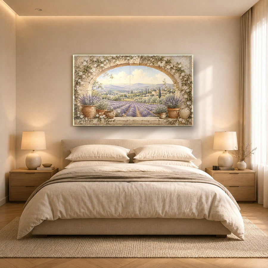 Mediterranean landscape glass wall print styled in a luxury hotel suite lobby