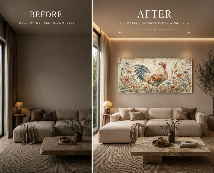 A modern kitchen setting with a colorful rooster glass print adding a warm touch above the countertop.