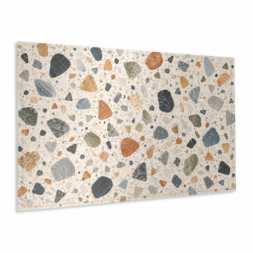 Terrazzo Mosaic glass wall art hanging in a modern living room above a beige minimalist sofa.