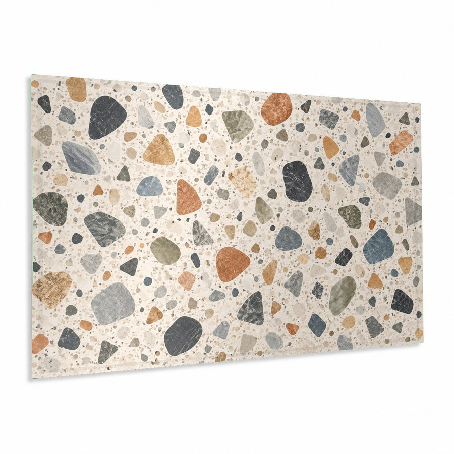 Terrazzo Mosaic glass wall art hanging in a modern living room above a beige minimalist sofa.