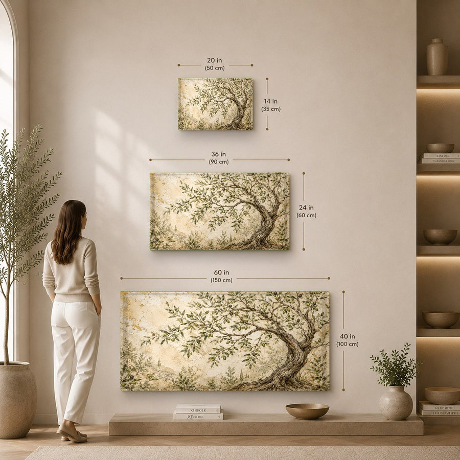 Large-format Olive Fresco glass art displayed on a plaster wall in a minimalist hotel lobby with warm lighting.