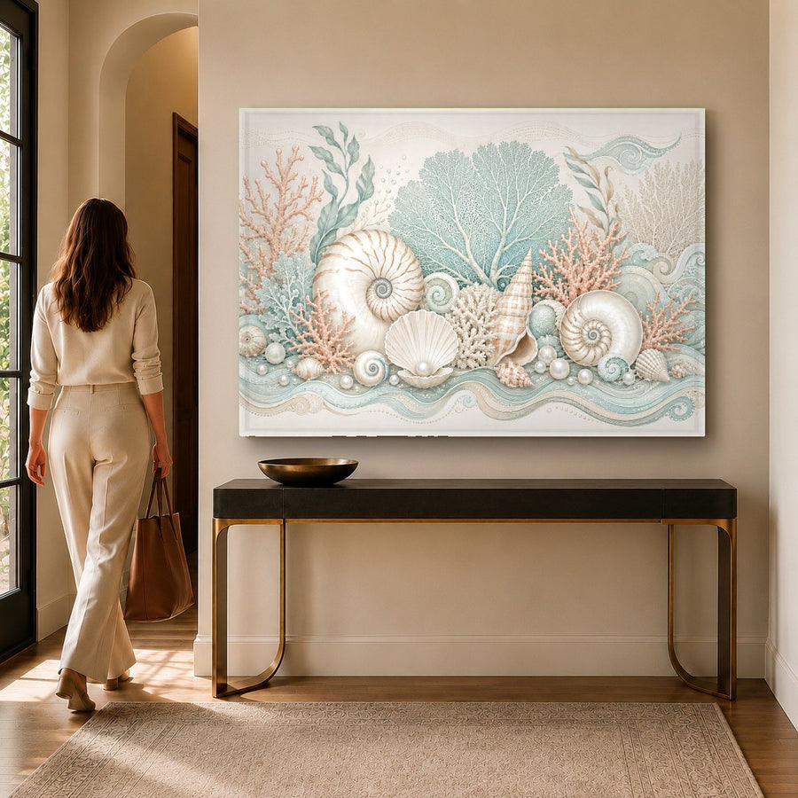 Beach house themed bedroom with Coastal Shell Glass Wall Art on white wall