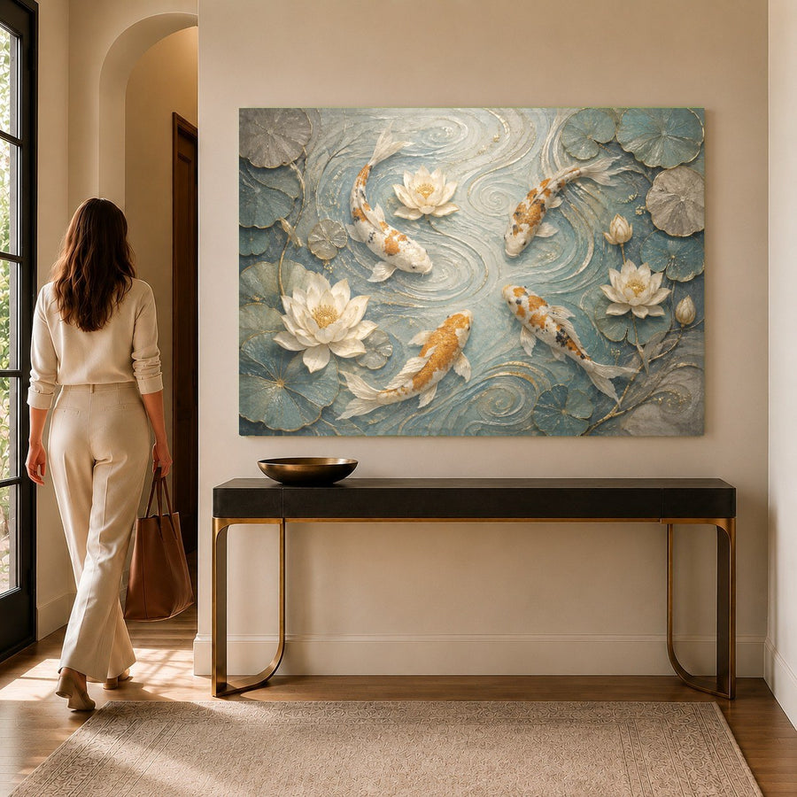 A serene spa treatment room featuring the Koi Lotus tempered glass print on a textured stone wall.