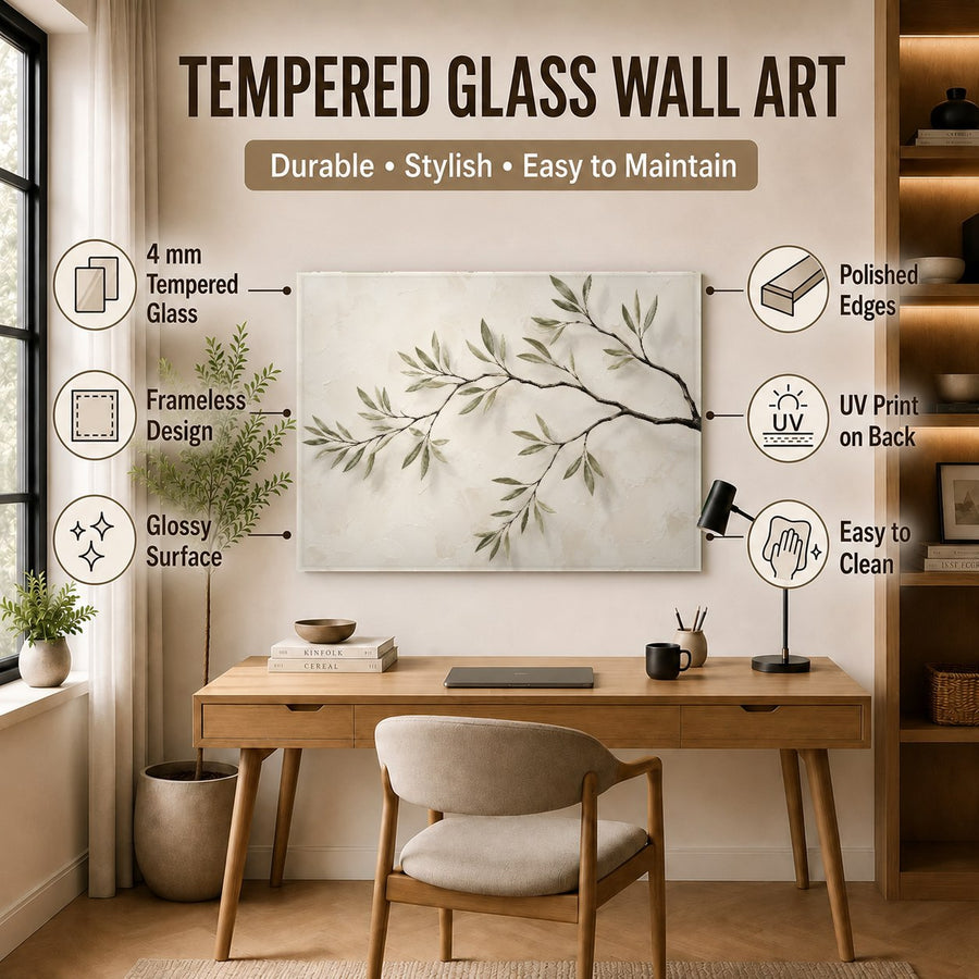 Close-up of a green leaves glass print showcasing the glossy texture and vibrant green colors in a home office.