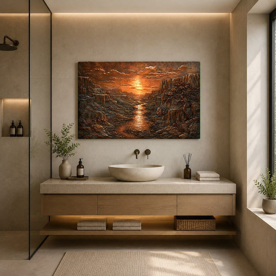 Side angle of Copper Canyon glass wall art showing the modern aluminum float hanger in a stylish home office.