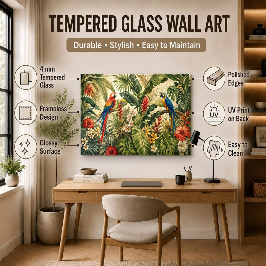 Exotic wildlife glass print reflecting natural light in a spacious modern hallway