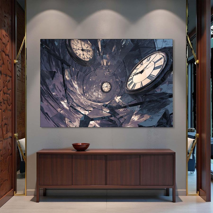 Abstract wall art with clock design above a wooden cabinet.