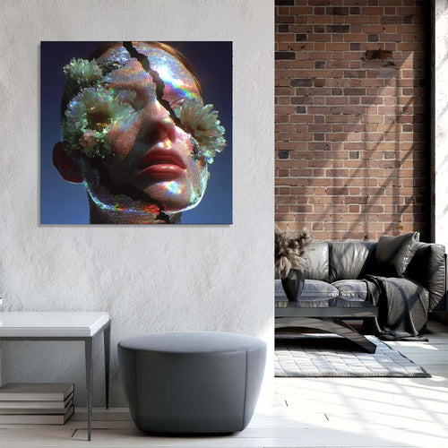 Abstract art piece with a face and floral elements on a dark background